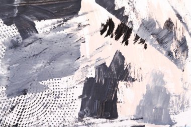 Soyut siyah beyaz arka plan. Kaotik fırça darbeleri ve beyaz kağıt üzerindeki boya lekeleri, parlak zıt zıt zemin