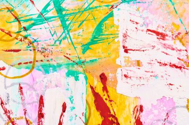 Soyut arkaplan, çok renkli parlak sanat kolajı. Parmak izi davetiyesi ve kartpostallar için desen tasarımı. Balmumu boya kalemleri posterleri, renkli duvar kağıtları, çocuk resimleri.
