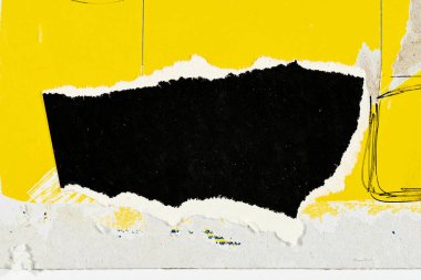 Soyut arka plan, çok renkli sanat kolajı. Basılı davetiye kartı ve kartpostal için yaratıcı desen tasarımı. Resim posteri, renkli duvar kağıdı. Sarı, beyaz, siyah zıt renkler