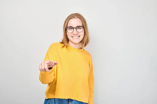 Portrait Confident Student Girl Chooses You Points Finger Camera Isolated — Stock Photo, Image