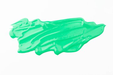 Akrilik boya lekesi, kaotik fırça darbesi, beyaz kağıt üzerinde akan nokta. Yaratıcı yeşil arkaplan, sıvı ar