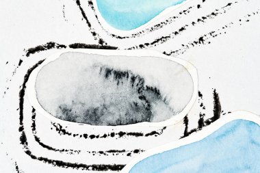 Soyut arka plan, çok renkli sanat kolajı. Basılı davetiye kartı ve kartpostal için yaratıcı desen tasarımı. Resim posteri, renkli duvar kağıdı. Mavi, siyah, beyaz renkler