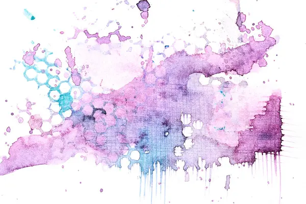 Abstract purple background. Multi-color brush strokes and paint spots on white paper, bright contrasting background, honeycomb cellular prin