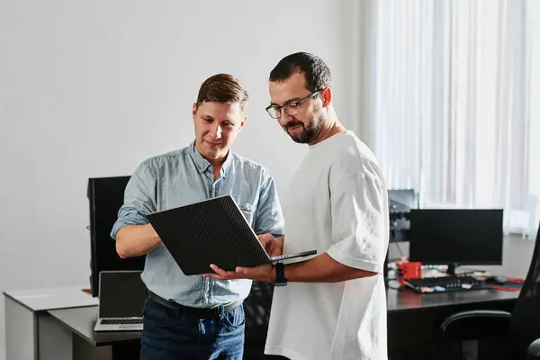 Portrait Two Professional Male Programmers Working Computer Diverse Offices Modern — Stock Photo, Image