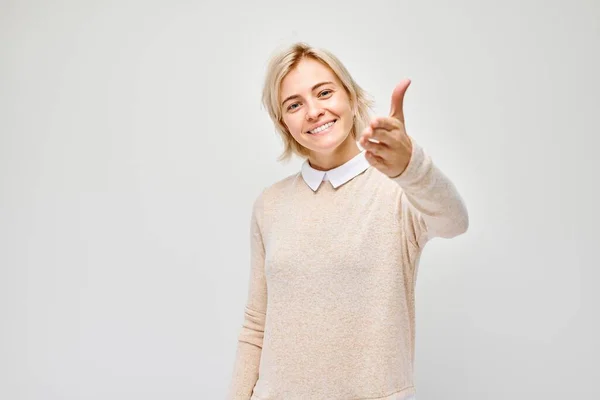 Portrait Confident Girl Chooses You Points Finger Camera Isolated White — Stock Photo, Image