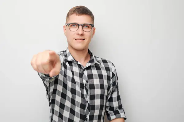 Portrait Confident Man Chooses You Points Finger Camera Isolated White — Stock Photo, Image