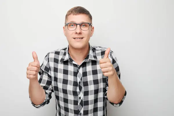 Portrait Young Caucasian Man Smiling Joyfully Showing Thumbs Gesture Isolated — Stock Photo, Image