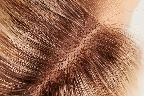 Natural looking blonde wig close-up details, natural hair, extension system