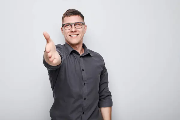 Portrait Confident Man Chooses You Points Finger Camera Isolated White — Stock Photo, Image
