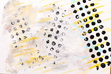 Çok renkli arkaplan, suluboya boya noktalar, beyaz kağıda çizgiler ve fırça darbeleri, poster çizimleri