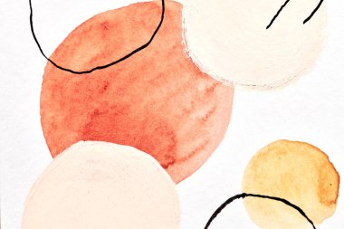 Çok renkli arkaplan, suluboya boya çizgiler ve beyaz kağıda daireler, poster çizimleri