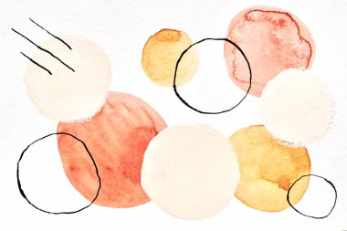 Çok renkli arkaplan, suluboya boya çizgiler ve beyaz kağıda daireler, poster çizimleri