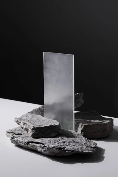 Flat Stone Pedestal Rectangular Glass Black White Template Banner Background — Stock Photo, Image