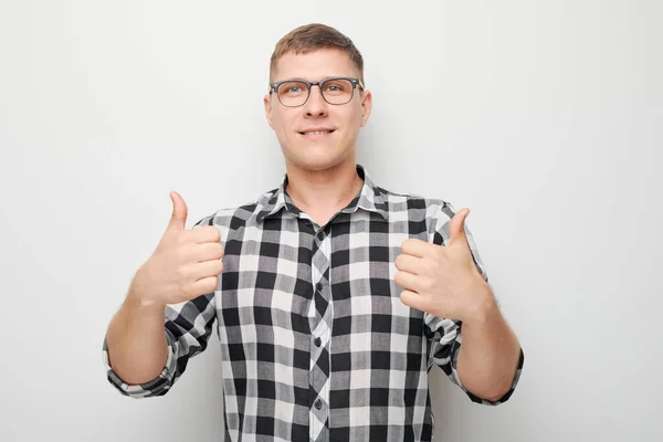 Portrait Young Caucasian Man Smiling Joyfully Showing Thumbs Gesture Isolated — Stock Photo, Image