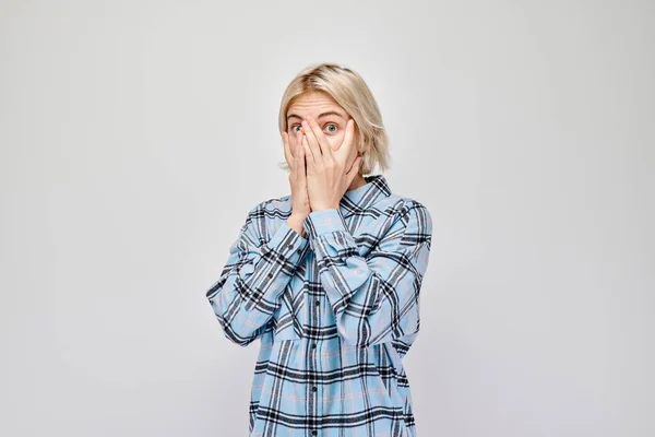 Portrait Young Blonde Woman Covering Eyes Hand Peeking Fingers Isolated — Stock Photo, Image