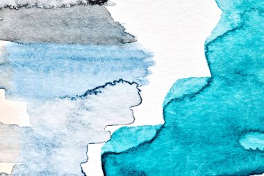 Soyut arkaplan, suluboya lekeler ve beyaz kağıt üzerindeki lekeler, mavi mürekkep.