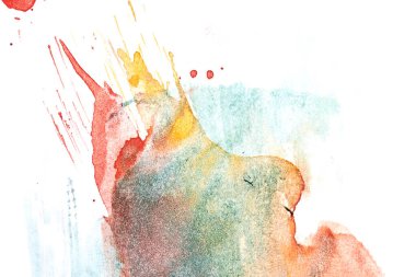 Soyut sıvı sanat arka planı. Çoklu renkli suluboya şeffaf lekeler ve beyaz kağıt üzerinde fırça darbeleri, kırmızı sarı yeşil lekeler