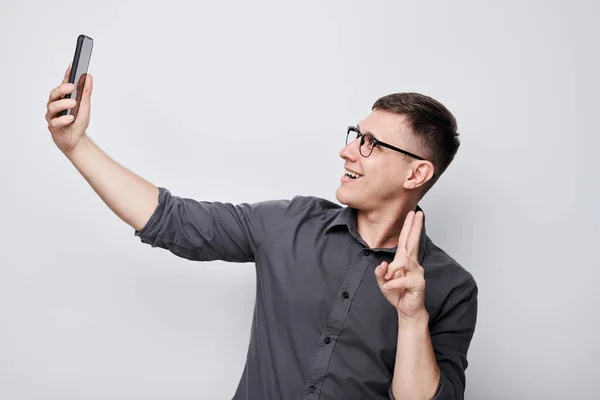 Portrait Young Businessman Takes Selfie Photo Mobile Phone Blogger Smartphone — Stock Photo, Image
