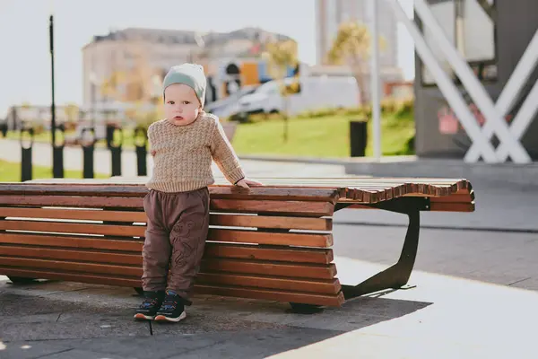 Portrait Lonely Child Boy Park Bench Baby Walk — Stock Photo, Image
