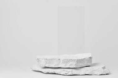 Düz taş kaidesi, beyaz şablon, afiş arkaplan. Minimalizm kavramı, boş podyum ürünü, sunum taraması