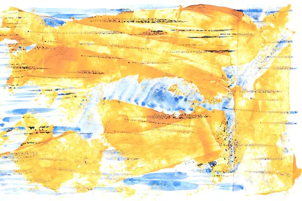 Yellow and blue abstract background, art collage. Blots and stains of paint on white paper