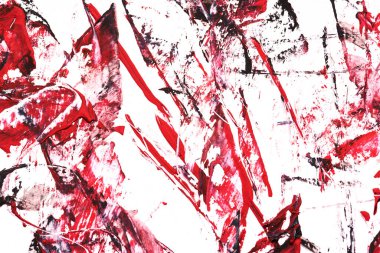 Kırmızı ve siyah soyut arka plan, sanat kolajı. Beyaz kağıt üzerinde kaotik fırça darbeleri ve boya lekeleri