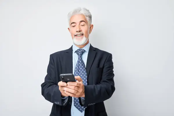 Portrait Elderly Businessman Suit Holding Mobile Phone Hand Happy Smiling — Stock Photo, Image
