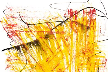 Sarı ve kırmızı soyut arka plan, sanat kolajı. Beyaz kağıt üzerindeki lekeler, boya darbeleri, çizgiler ve lekeler.