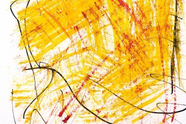 Sarı ve kırmızı soyut arka plan, sanat kolajı. Beyaz kağıt üzerindeki lekeler, boya darbeleri, çizgiler ve lekeler.