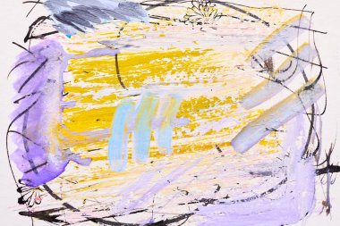 Soyut sanat geçmişi. Kağıt üzerinde çok renkli lekeler, çizgiler, noktalar ve fırça darbeleri, kartpostal veya giysi kalıpları