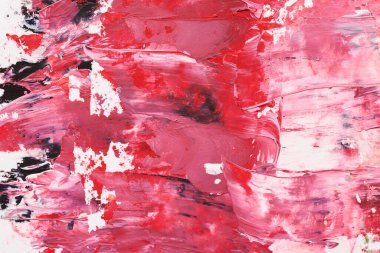 Kırmızı soyut arka plan, sanat kolajı. Beyaz kağıt üzerinde kaotik fırça darbeleri ve boya lekeleri
