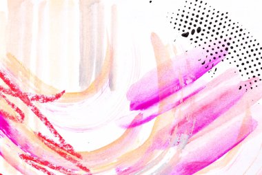 Soyut mor arkaplan. Suluboya lekeleri, çizgiler, noktalar ve beyaz kağıt üzerindeki fırça darbeleri, kartpostal veya giysi kalıpları