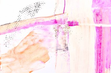 Soyut mor arkaplan. Suluboya lekeleri, çizgiler, noktalar ve beyaz kağıt üzerindeki fırça darbeleri, kartpostal veya giysi kalıpları