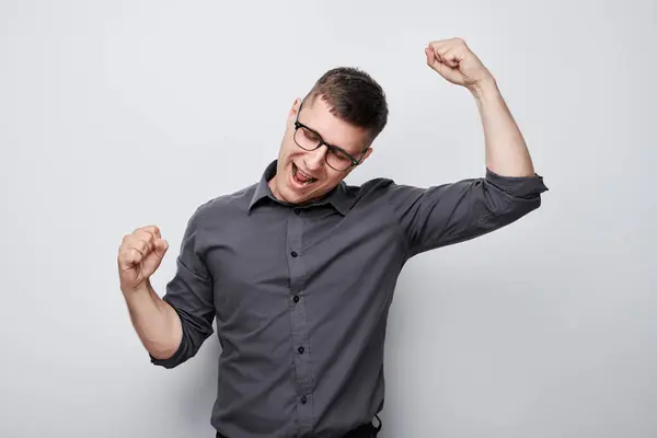 Portrait Smiling Face Man Clenching Fists Rejoicing Celebrating Victory Isolated — Stock Photo, Image