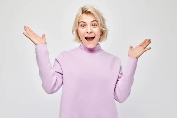 Portrait Blond Young Woman Happy Face Smiling Joyfully Raised Palms — Stock Photo, Image