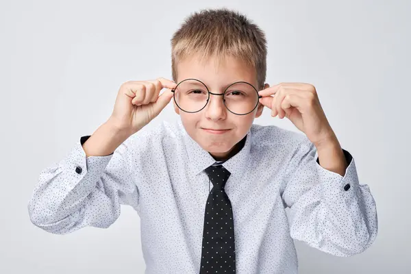 Young Boy Shirt Tie Making Funny Face While Adjusting Glasses — Stock Photo, Image