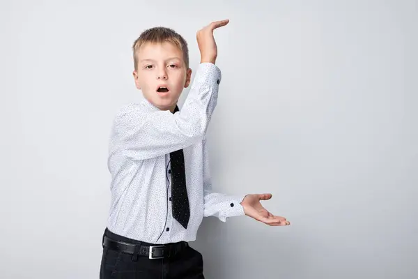 Young boy in shirt and tie gesturing with hands, showing size, on a plain background.