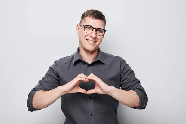 Portrait Man Holding Heart Shaped Hand Love Concept White Background — Stock Photo, Image