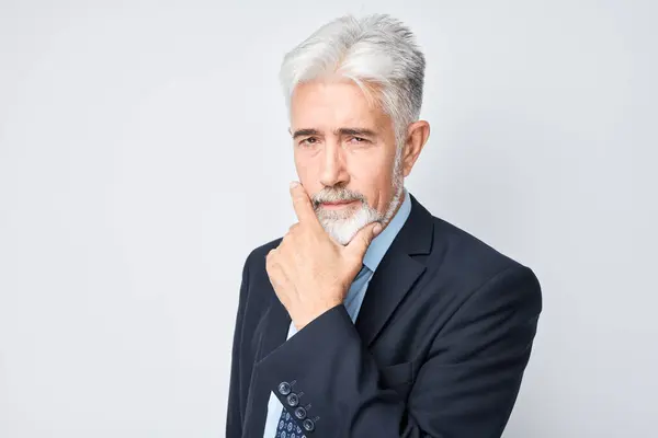 Mature Businessman Suit Pondering Pensive Face Thinking Chooses White Background — Stock Photo, Image
