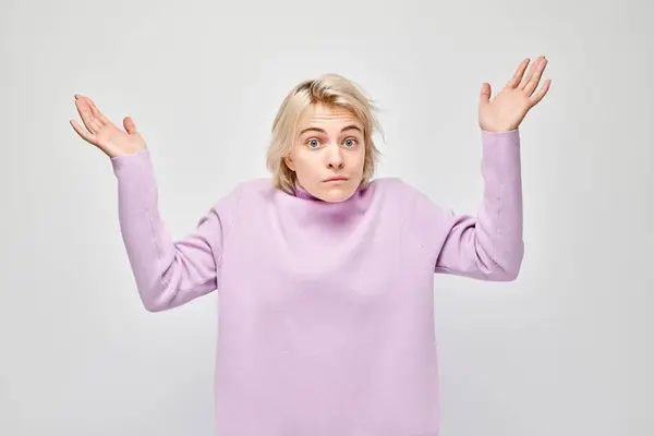 Confused Young Woman Purple Turtleneck Shrugging Hands Isolated White Background — Stock Photo, Image