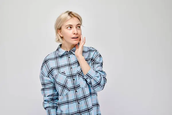 Young Woman Plaid Shirt Looking Uncertain Hand Chin Grey Background — Stock Photo, Image