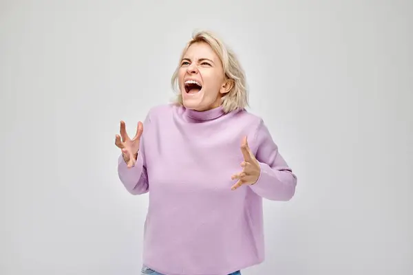 Portrait Girl Screaming Anger Freaking Out Breakdown White Background Depression — Stock Photo, Image