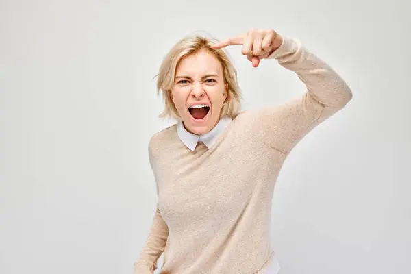 Portrait Angry Blond Woman Points Her Finger Camera Yells White — Stock Photo, Image