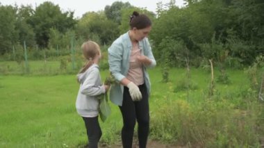 Anne ve kız bahçede çalışıyor, arka bahçedeki bitkilerle ilgileniyor, yatakları hasat ediyor ve yabani otları temizliyor.
