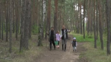 Dört kişilik mutlu bir aile ormanda yürür, mantar, böğürtlen ve ot toplar.