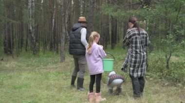 Dört kişilik mutlu bir aile ormanda yürür, mantar, böğürtlen ve ot toplar.
