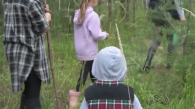 Dört kişilik mutlu bir aile ormanda yürür, mantar, böğürtlen ve ot toplar.