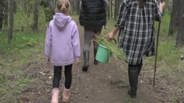 Dört kişilik mutlu bir aile ormanda yürür, mantar, böğürtlen ve ot toplar.