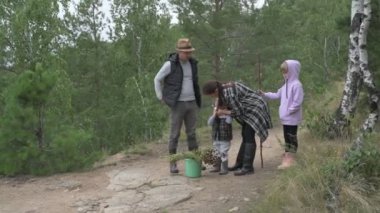 Dört kişilik mutlu bir aile ormanda yürür, mantar, böğürtlen ve ot toplar.