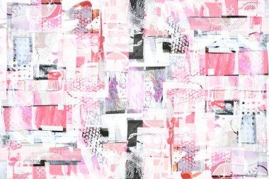 Soyut arkaplan, renkli kağıt parçalarının sanat kolajı. Pembe boya desenleri, grafik çizgiler ve şekiller, düzen için örnekler.